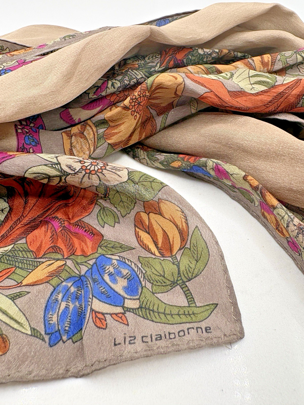 Vintage Liz Claiborne 100% Silk Floral Rolled Edge Rectangle Scarf 52"x10" FLAWS